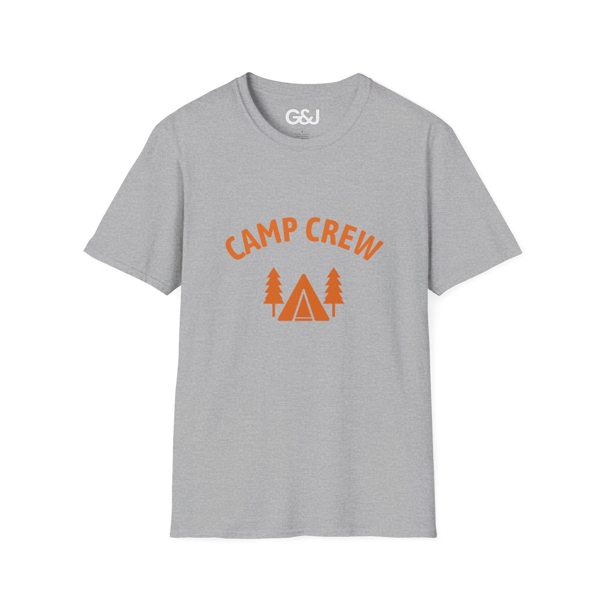 Camp Crew T-Shirt — Retro Orange Camping Tee with Tent & Trees