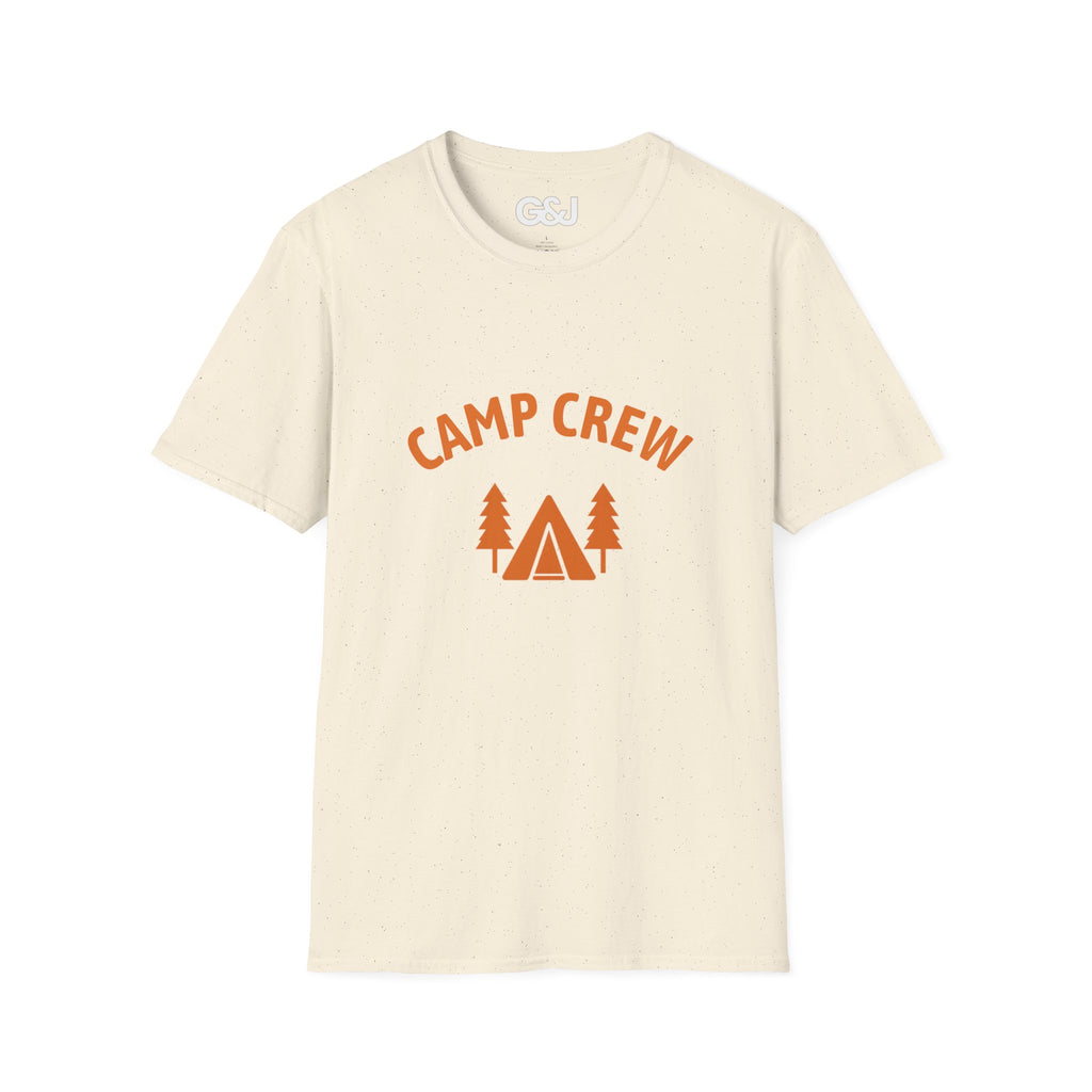 Camp Crew T-Shirt — Retro Orange Camping Tee with Tent & Trees