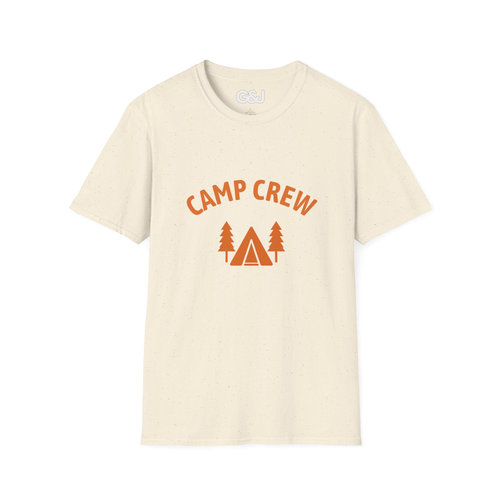 Camp Crew T-Shirt — Retro Orange Camping Tee with Tent & Trees