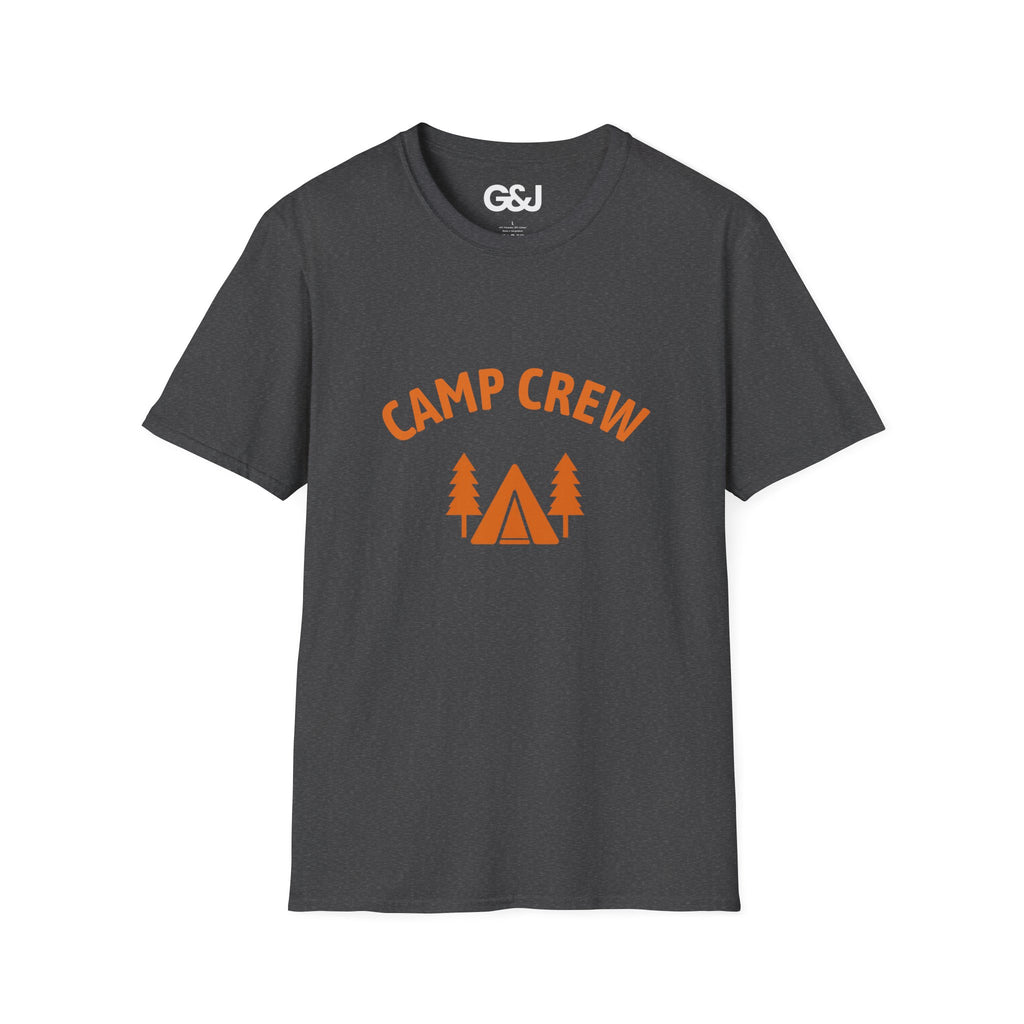 Camp Crew T-Shirt — Retro Orange Camping Tee with Tent & Trees
