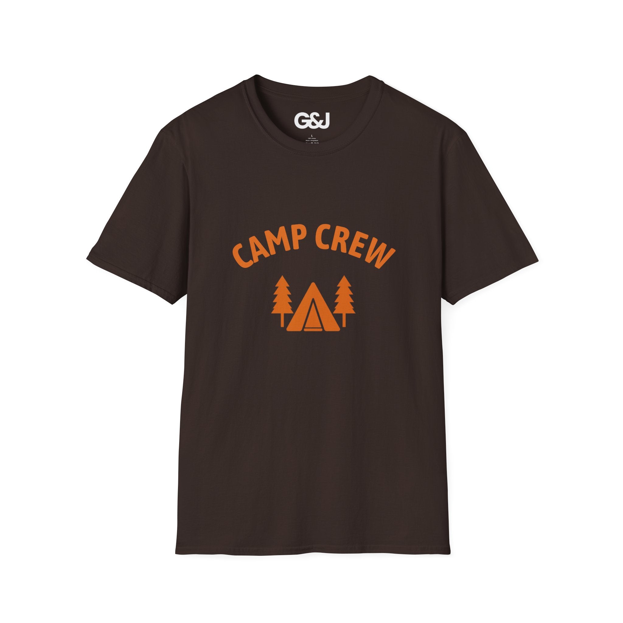 Camp Crew T-Shirt — Retro Orange Camping Tee with Tent & Trees
