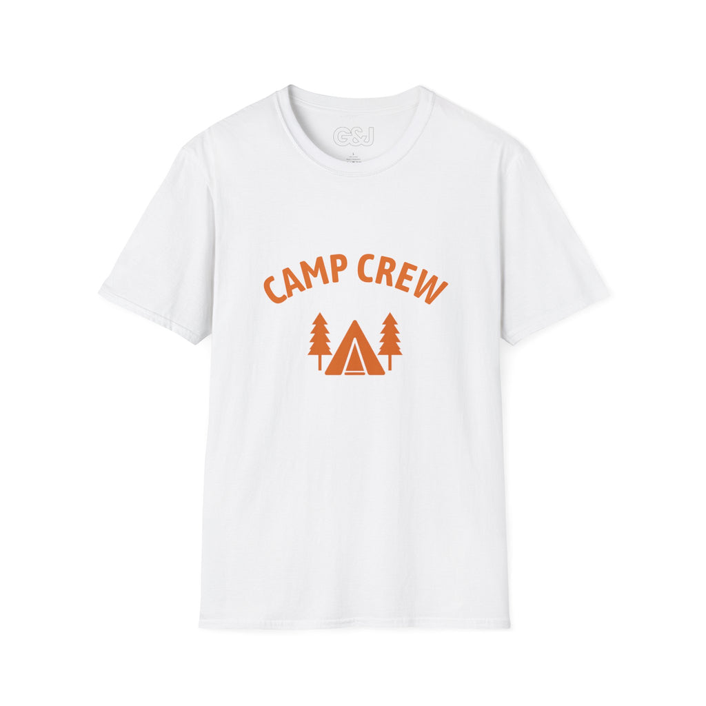 Camp Crew T-Shirt — Retro Orange Camping Tee with Tent & Trees
