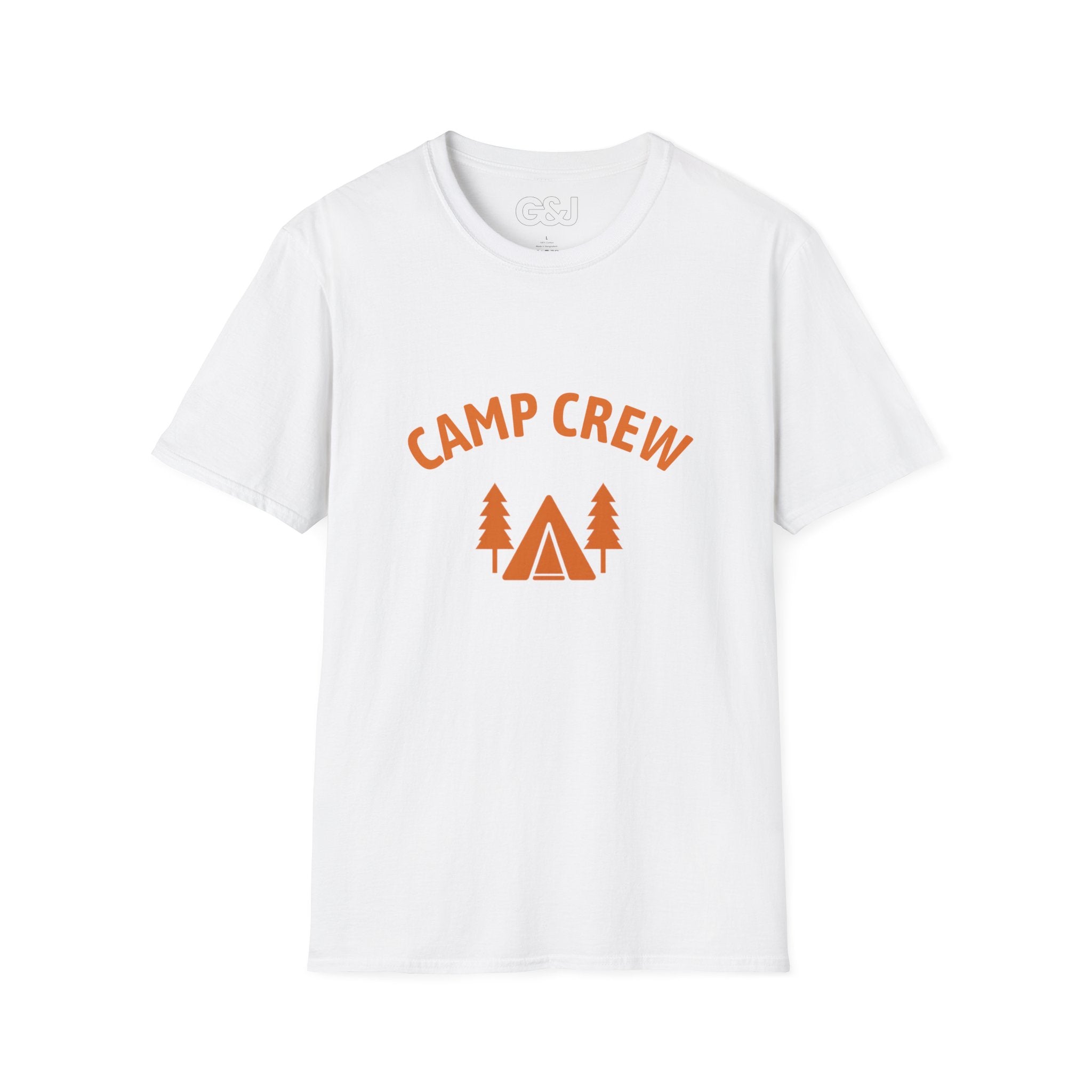Camp Crew T-Shirt — Retro Orange Camping Tee with Tent & Trees