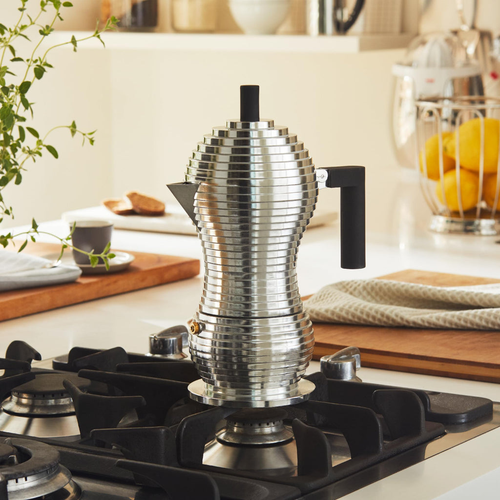 Alessi MDL02/3 B "Pulcina" Stove Top Espresso 3 Cup Coffee Maker in Aluminum Casting Handle And Knob in Pa, Black