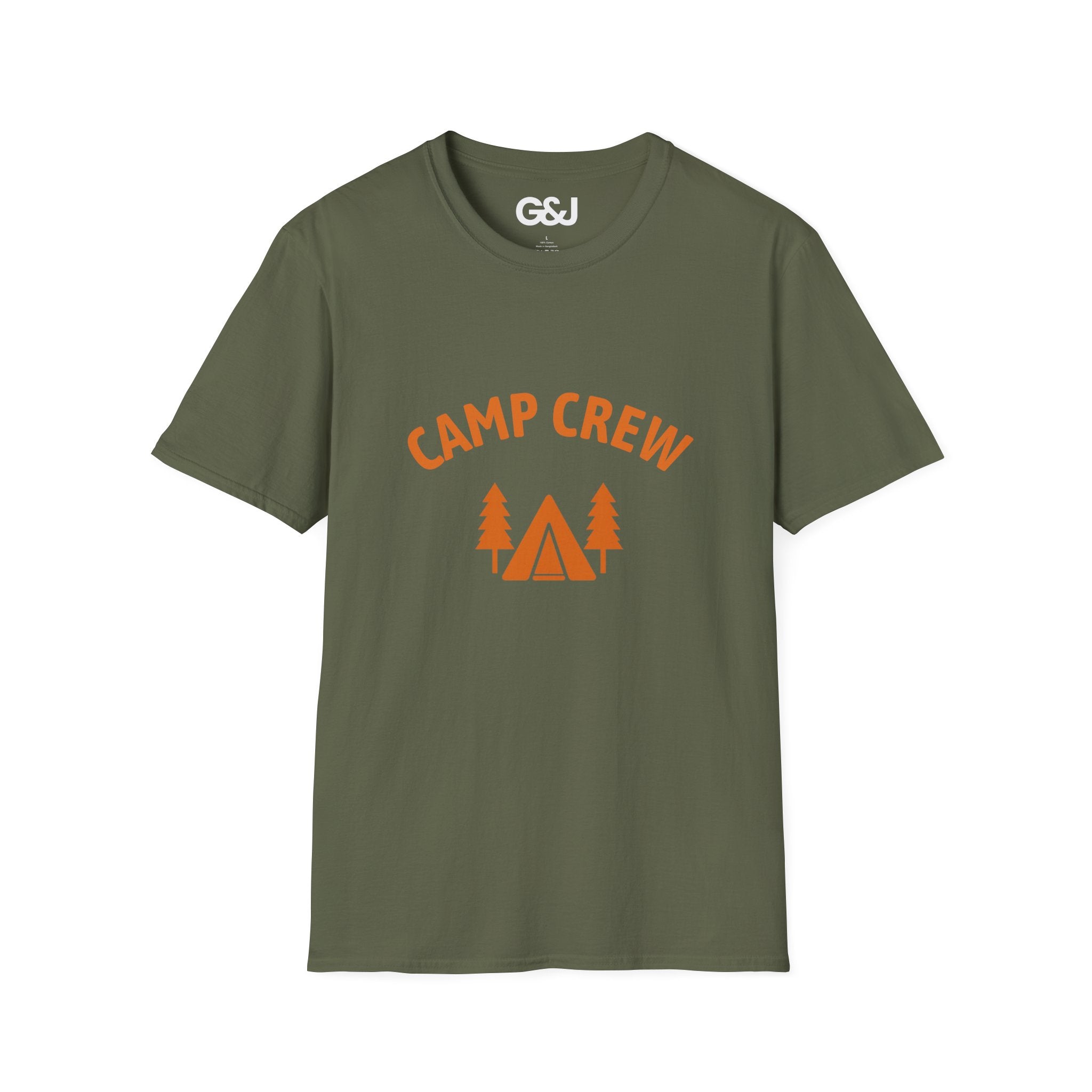 Camp Crew T-Shirt — Retro Orange Camping Tee with Tent & Trees